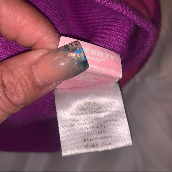Hello Kitty beanie stripe knit kids cap hat OS pink purple winter vintage y2k - Picture 7 of 9